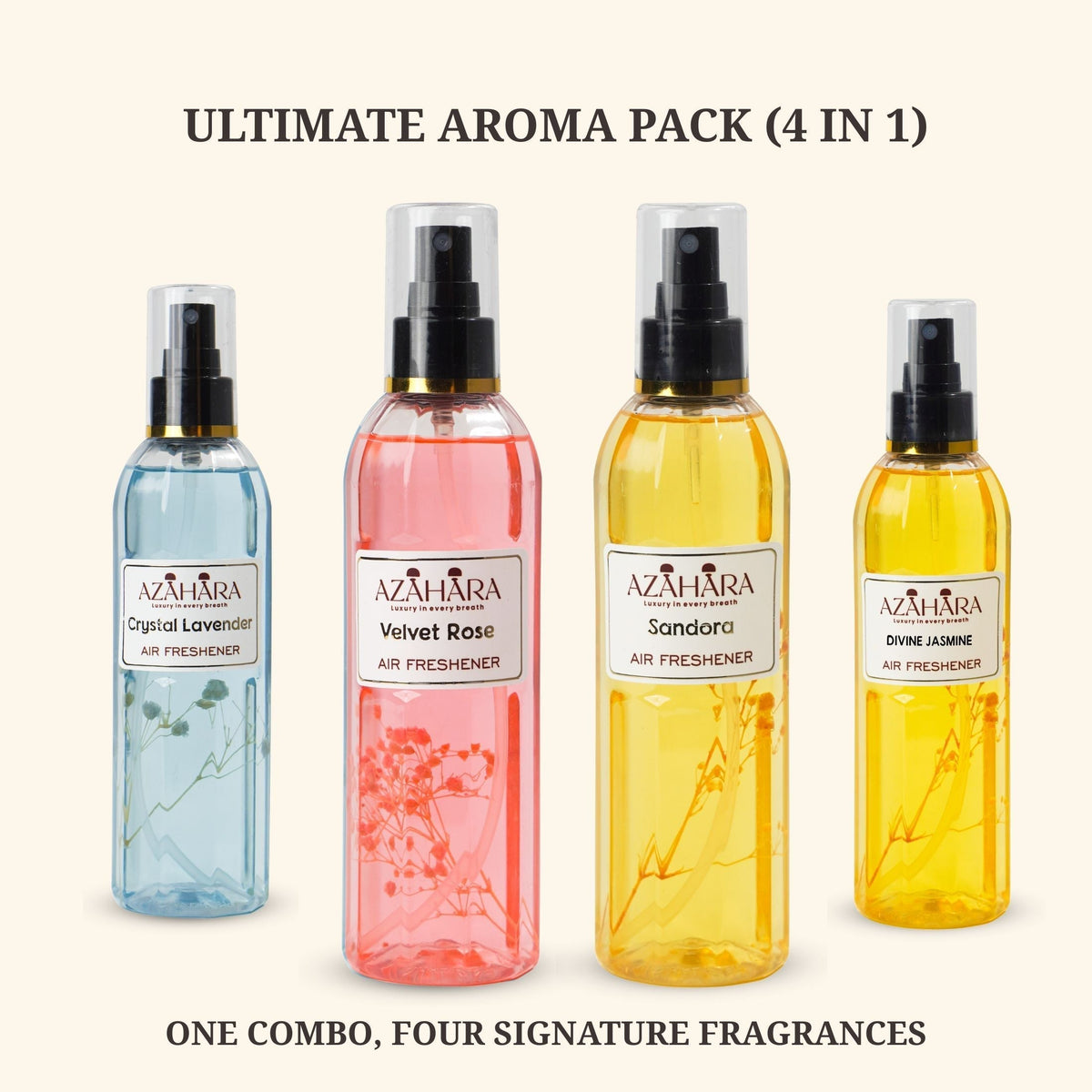 Velvet Rose, Sandora, Divine Jasmine & Crystal Lavender Air Freshener Combo | Pack of 4